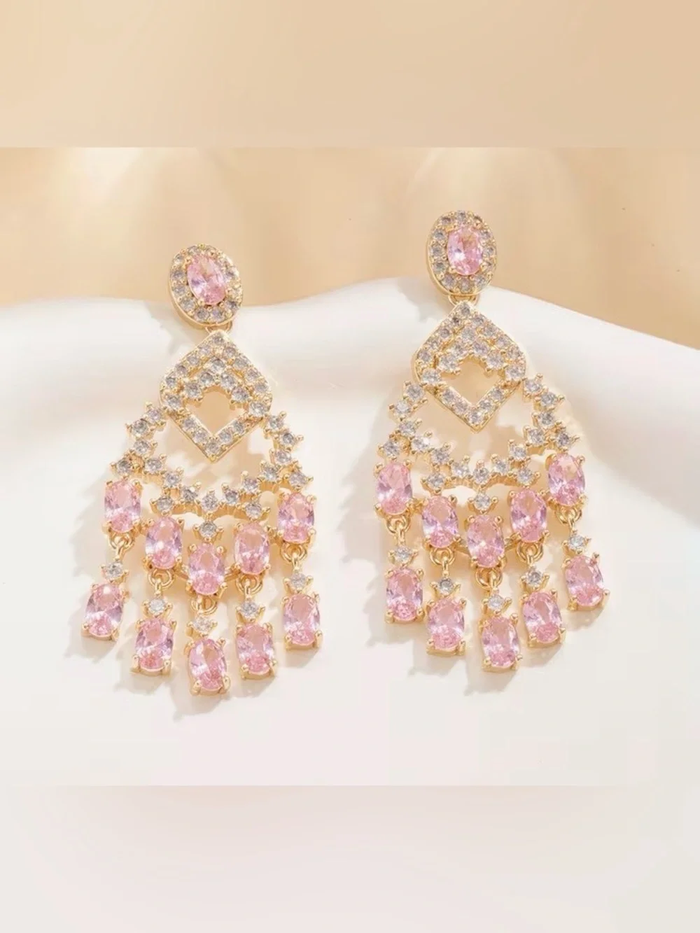 Gold-Tone Pink Crystal Chandelier Earrings